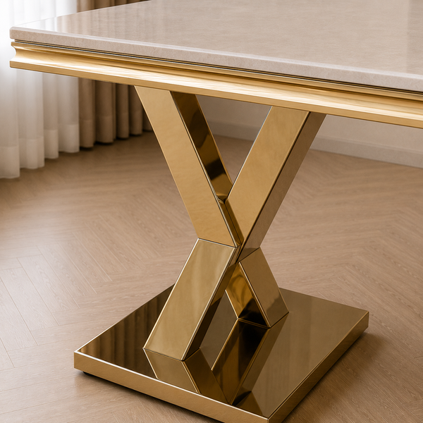 Travertin Eettafel X poten Goud Tafelblad Wit  180x90cm