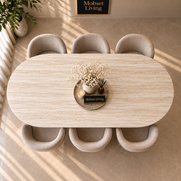 Eettafel Japandi travertin 2 potig ovaal 180cm - Kimberly