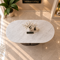 Ovalen Japandi Eettafel – Travertin met Bruine Poot – 160 cm