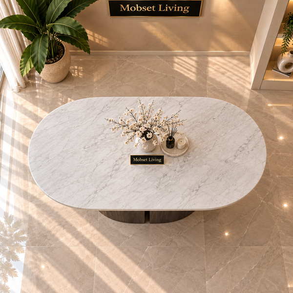Ovalen Japandi Eettafel – Travertin met Bruine Poot – 160 cm