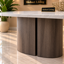 Ovalen Japandi Eettafel – Travertin met Bruine Poot – 160 cm
