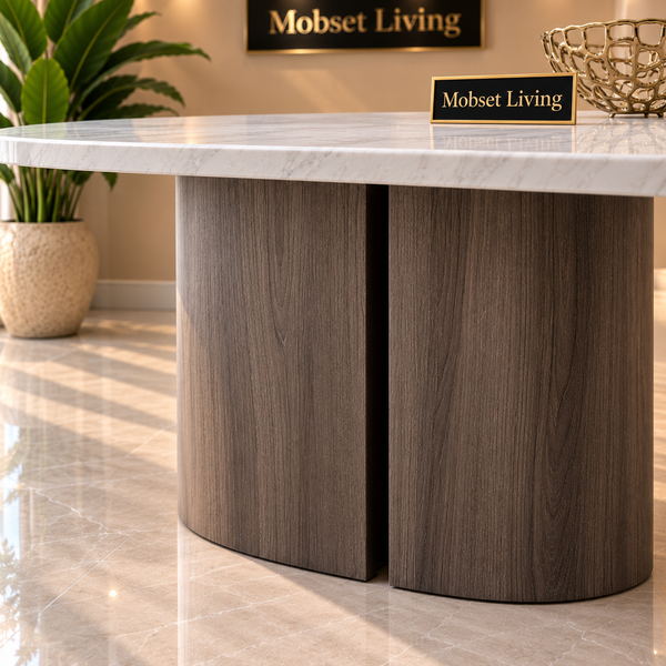 Ovalen Japandi Eettafel – Travertin met Bruine Poot – 160 cm