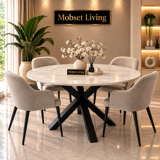 Ronde Travertin Eettafel 130 cm Witte blad - Zwarte X-poot - Luna
