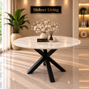 Ronde Travertin Eettafel 130 cm Witte blad - Zwarte X-poot - Luna