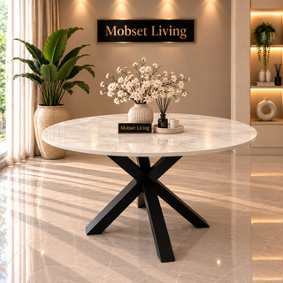 Ronde Travertin Eettafel 130 cm Witte blad - Zwarte X-poot - Luna