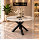 Ronde Travertin Eettafel 130 cm Witte blad - Zwarte X-poot - Luna