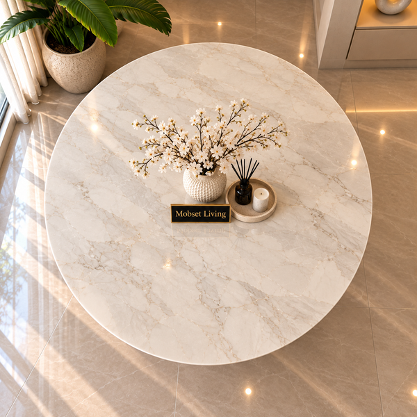 Ronde Travertin Eettafel 130 cm Witte blad - Zwarte X-poot - Luna