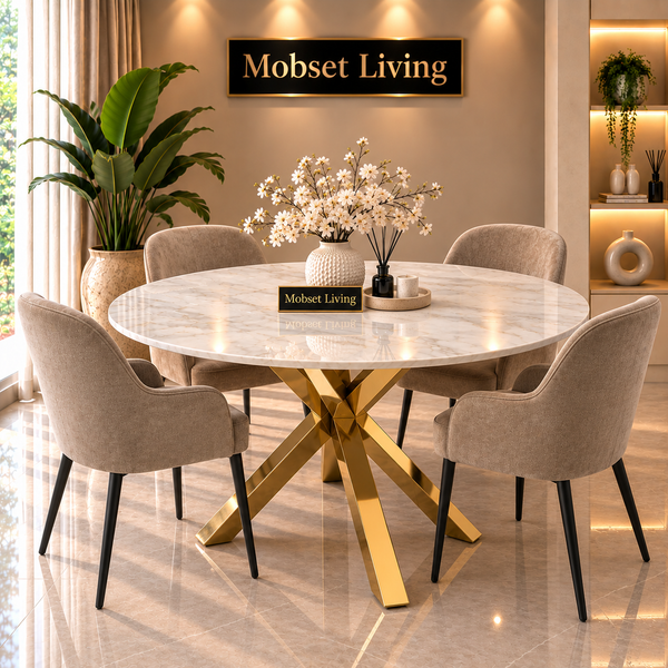 Ronde Travertin Eettafel 130 cm  Witte blad- Gouden X-poot - Elena