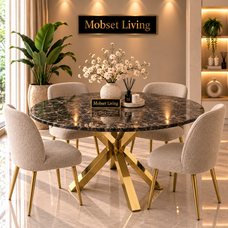 Ronde Bruine Travertin Eettafel 130 cm Gouden X-poot - Luna