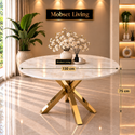 Ronde Travertin Eettafel 130 cm  Witte blad- Gouden X-poot - Elena