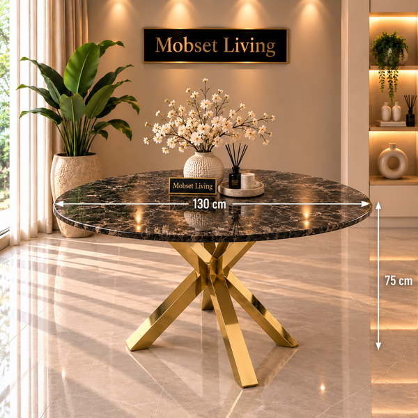 Ronde Bruine Travertin Eettafel 130 cm Gouden X-poot - Luna