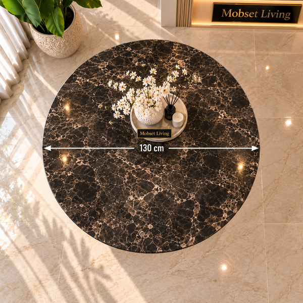 Ronde Bruine Travertin Eettafel 130 cm Gouden X-poot - Luna