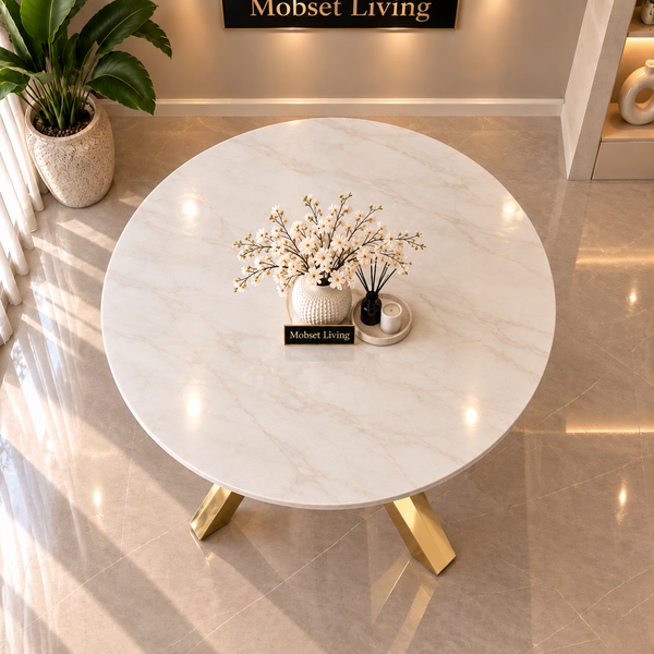 Ronde Travertin Eettafel 130 cm  Witte blad- Gouden X-poot - Elena