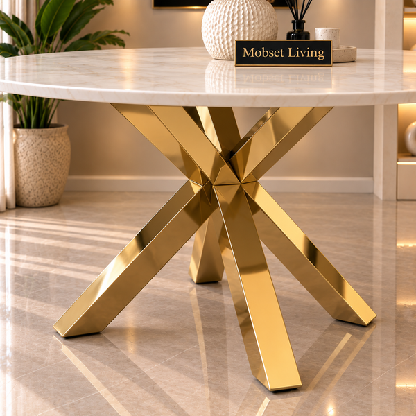 Ronde Travertin Eettafel 130 cm  Witte blad- Gouden X-poot - Elena