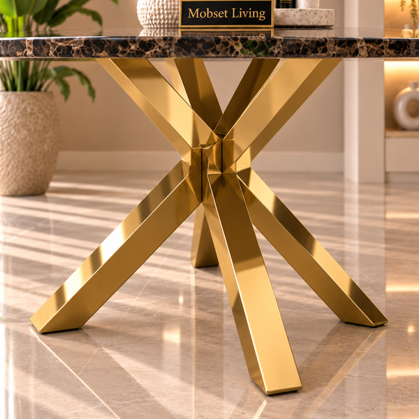 Ronde Bruine Travertin Eettafel 130 cm Gouden X-poot - Luna