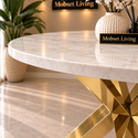 Ronde Travertin Eettafel 130 cm  Witte blad- Gouden X-poot - Elena