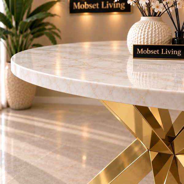 Ronde Travertin Eettafel 130 cm  Witte blad- Gouden X-poot - Elena