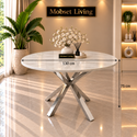 Ronde Travertin Eettafel 130 cm Witte blad- Zilveren X-poot - Rosa