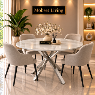 Ronde Travertin Eettafel 130 cm Witte blad- Zilveren X-poot - Rosa