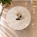 Ronde Travertin Eettafel 130 cm Witte blad- Zilveren X-poot - Rosa