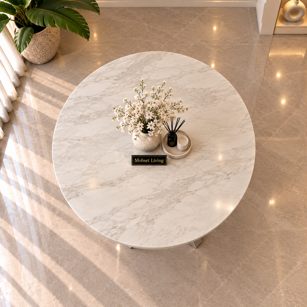 Ronde Travertin Eettafel 130 cm Witte blad- Zilveren X-poot - Rosa