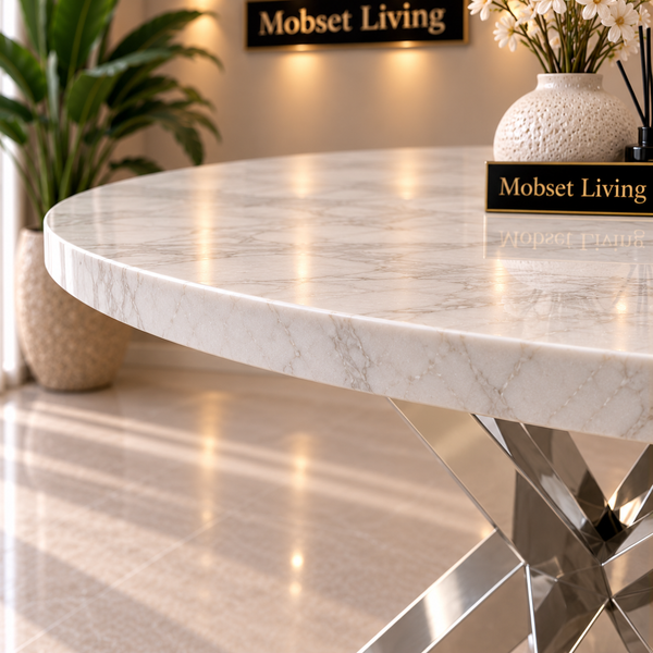 Ronde Travertin Eettafel 130 cm Witte blad- Zilveren X-poot - Rosa