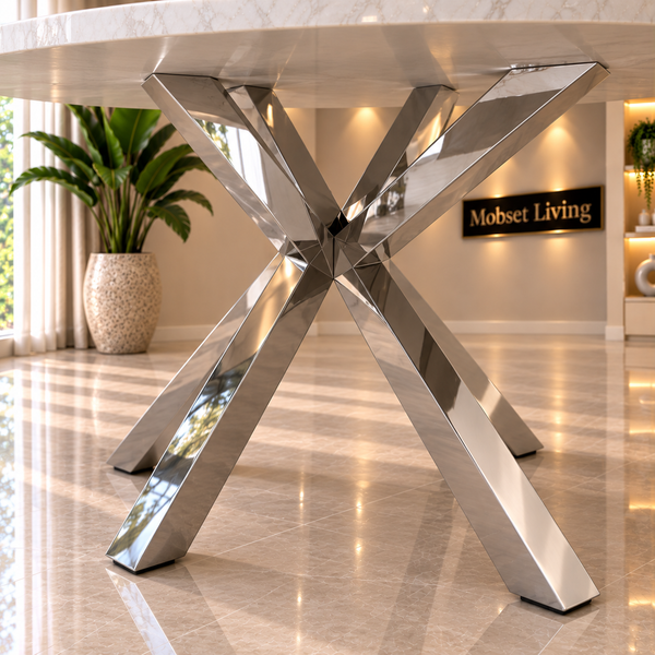 Ronde Travertin Eettafel 130 cm Witte blad- Zilveren X-poot - Rosa