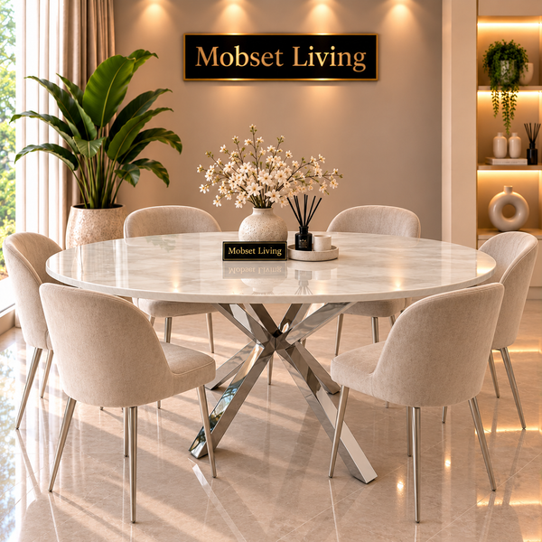 Ovale Travertin Eettafel 180x90 cm Witte blad- Zilveren X-poot - Rosa