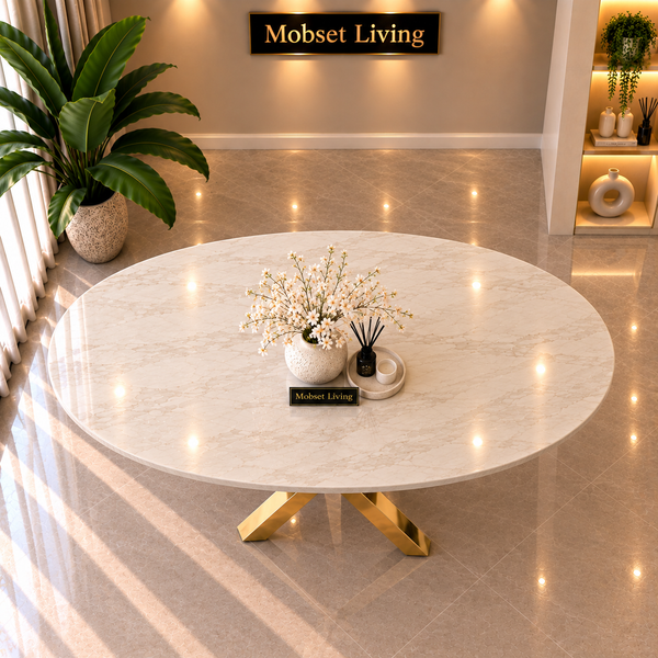 Ovale Travertin Eettafel 180x90 cm Witte blad- Gouden X-poot - Elena