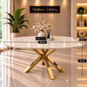 Ovale Travertin Eettafel 180x90 cm Witte blad- Gouden X-poot - Elena