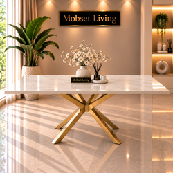Rechthoekige Travertin Eettafel 180x90 cm Witte blad - Gouden X-poot - Elena