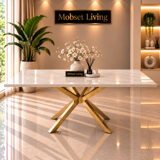 Rechthoekige Travertin Eettafel 180x90 cm Witte blad - Gouden X-poot - Elena