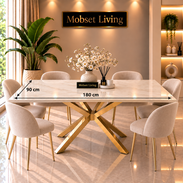Rechthoekige Travertin Eettafel 180x90 cm Witte blad - Gouden X-poot - Elena