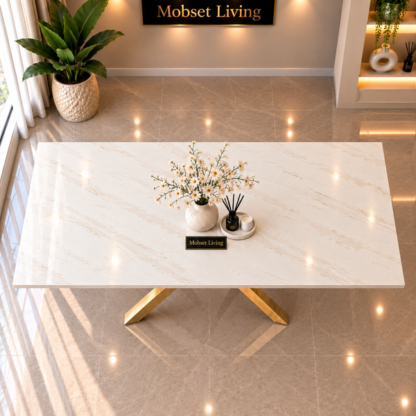 Rechthoekige Travertin Eettafel 180x90 cm Witte blad - Gouden X-poot - Elena