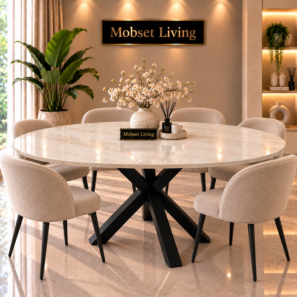 Ovale Travertin Eettafel 180x90 cm Witte blad - Zwarte X-poot - Luna