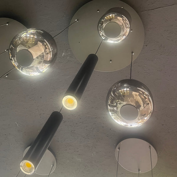 Hanglamp Ronde Plaat – 3 Bollen in Smoke Glas + 2 Buisspots