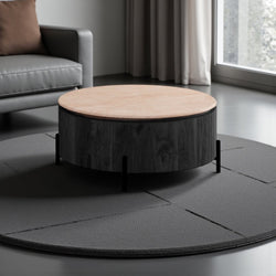 Ronde Japandi salontafel – Zwarte afwerking met travertin blad