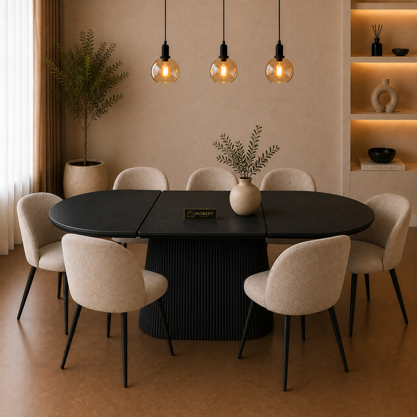 Ovale uitschuifbare Japandi eettafel – zwart MFD (160–200 cm)