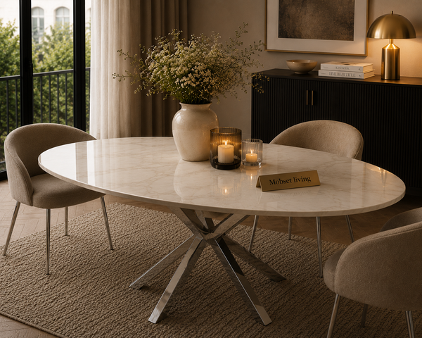 Eettafel ovaal Travertin crème blad poten zilver 180cm