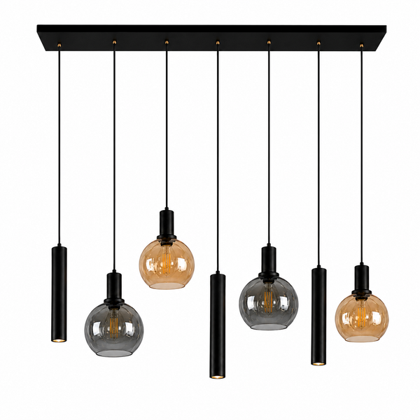 Industriële Hanglamp voor Eettafel – Amber & Smoke Glas – 7-Lichts – Dimbaar