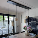 Amber glas Hanglamp Eettafel – Langwerpige Plaat – 4 Bollen in Unieke Vormen + 3 Buisspots – 7 Lichtpunten
