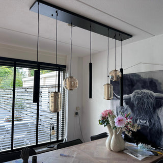 Amber glas Hanglamp Eettafel – Langwerpige Plaat – 4 Bollen in Unieke Vormen + 3 Buisspots – 7 Lichtpunten