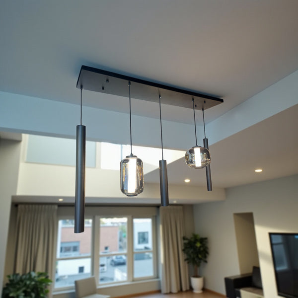 Industriële Hanglamp Eettafel – Langwerpig – Smoke Glas – 5-Lichts Geïntegreerde LED