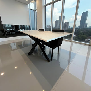 Travertin Eettafel Crème – Luxe Tafel met Zwarte Poot