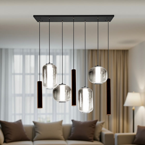 Industriële Hanglamp Eettafel – Langwerpig – Smoke Glas – 7-Lichts Geïntegreerde LED