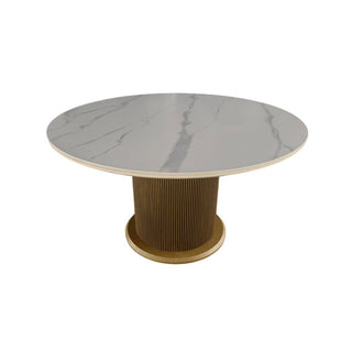 Ronde Eettafel Keramiek – Wit blad met gouden Japandi-stijl poot