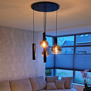 Amber Hanglamp Rond  – 5 lichtpunten – Luxe Glaslamp met Buisspots