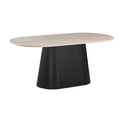 Ovale Japandi eettafel – beigekleurig stenen blad met zwarte MDF-poot