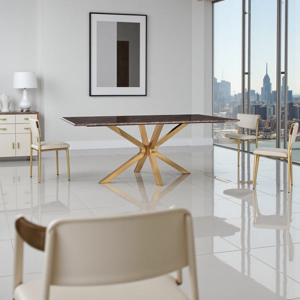 Eettafel Travertin Bruin – Stijlvolle Langwerpige Tafel met Goud Onderstel