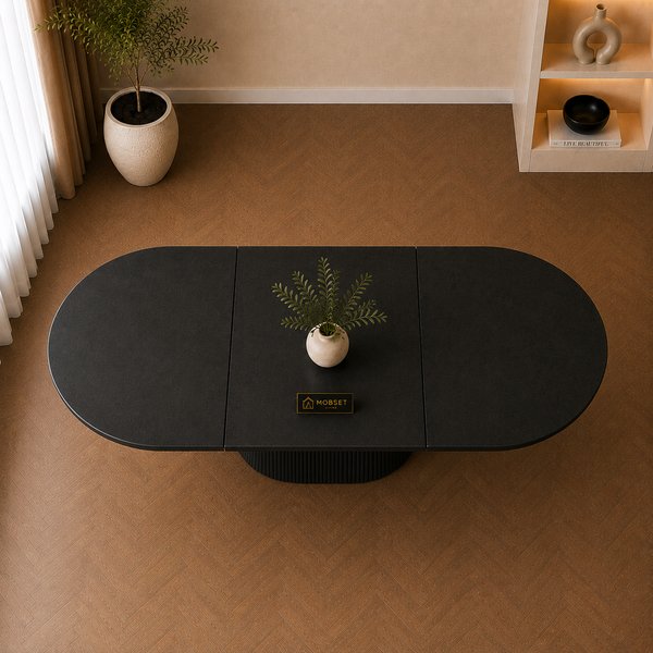 Ovale uitschuifbare Japandi eettafel – zwart MFD (160–200 cm)